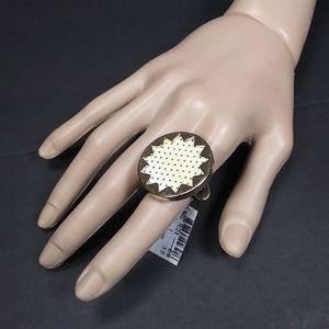 HOUSE Of HARLOW Round Gold Metal & Perforated Ivory Leather Starburst Ring NWT